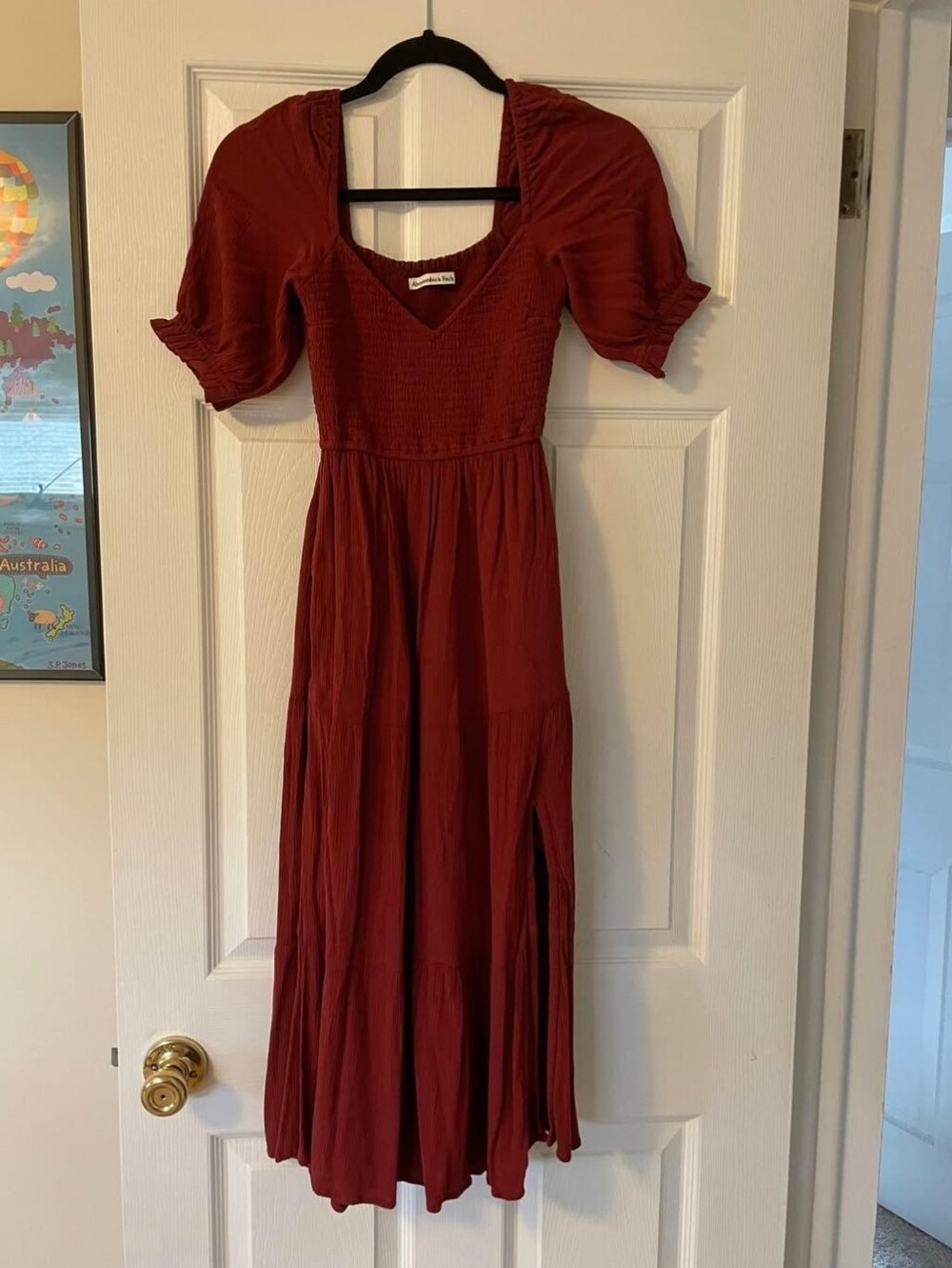 Abercrombie & Fitch Rust Red Puff-Sleeve Maxi Dress